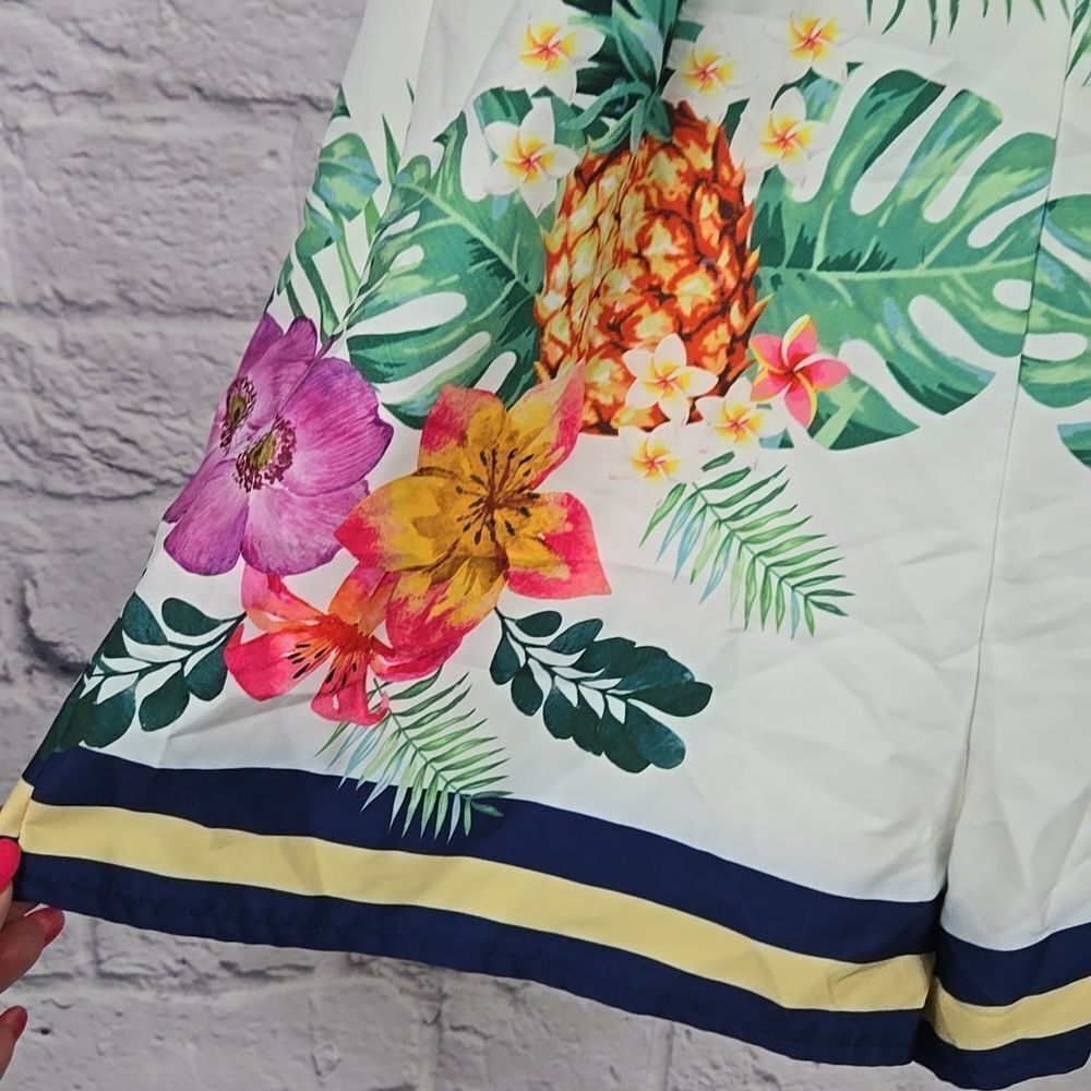 Tropical Floral Pineapple Romper Cutout Bow Tie Summer Playsuit Buckle Euro Glam - Picture 9 of 15